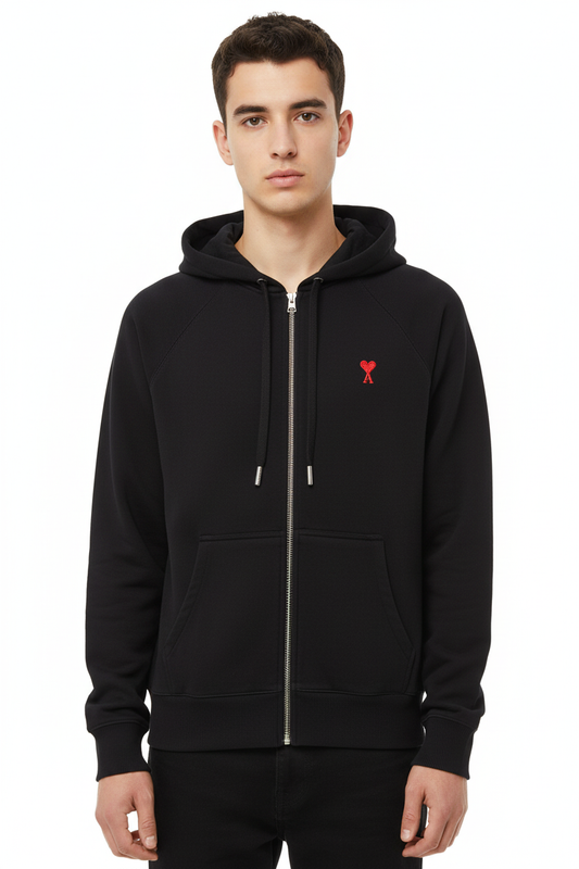 Boy wearing black zip-up hoodie
