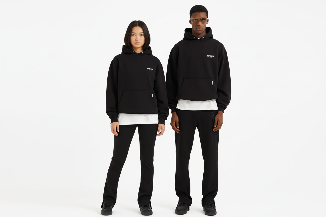 Couple wearing black hoodies