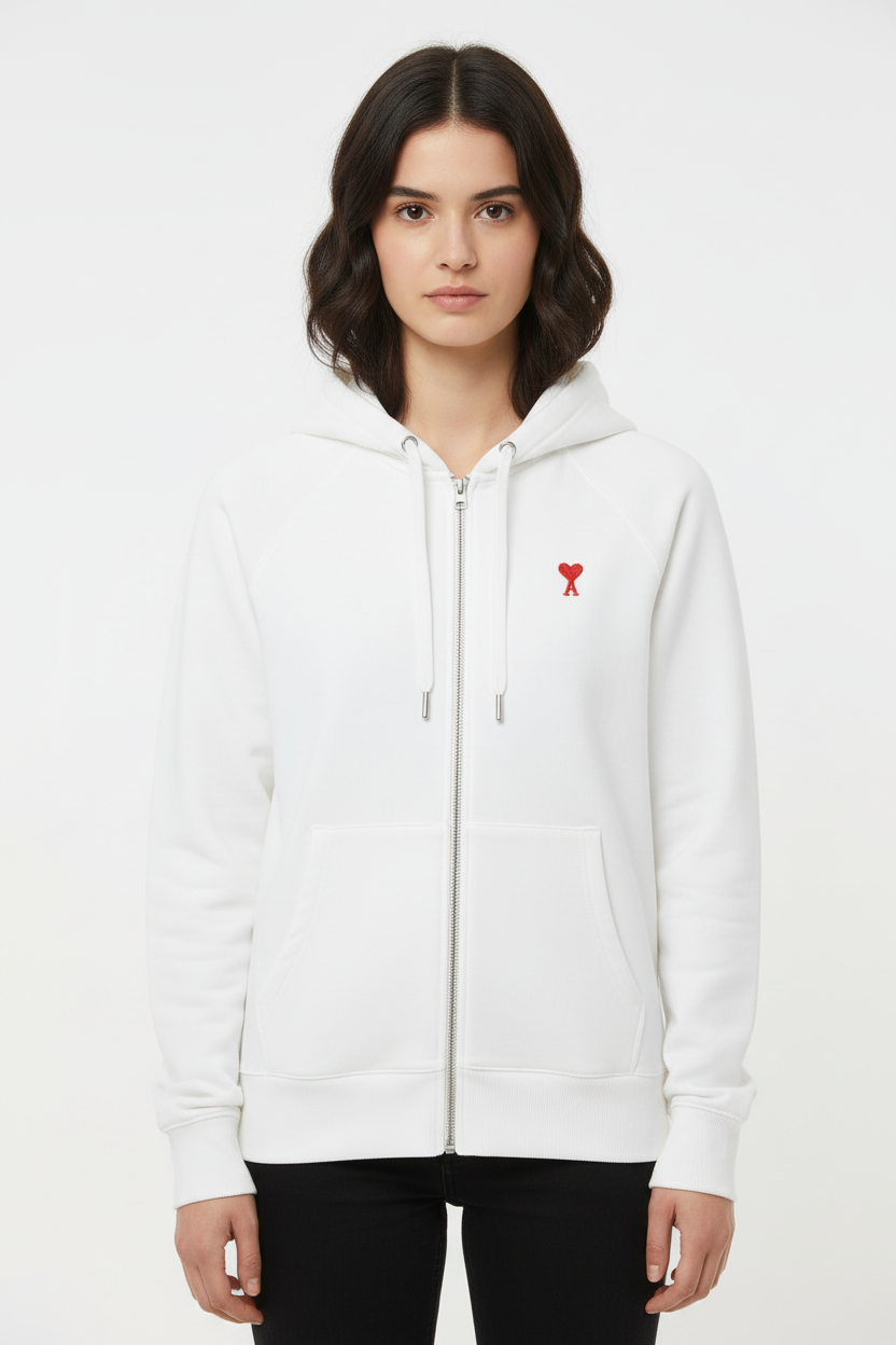 Girl wearing white hoodie product photo
